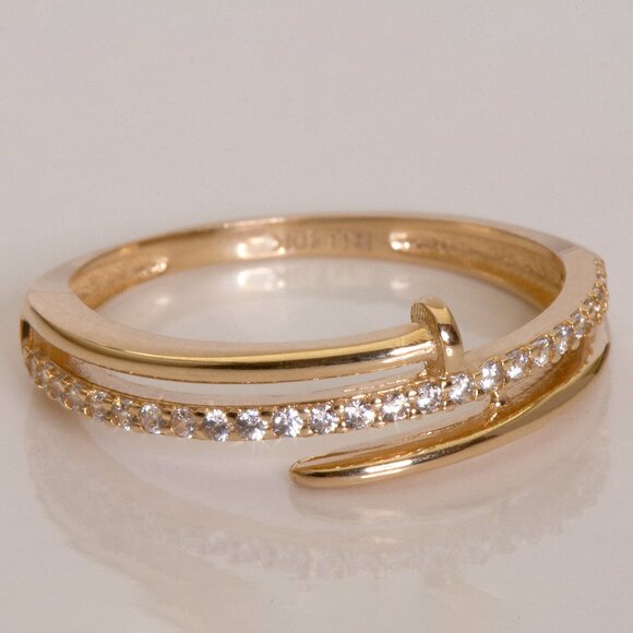 10K Yellow Gold Nail Ring, Dainty CZ Pave Ring, Size 7 - Picture 9 of 13